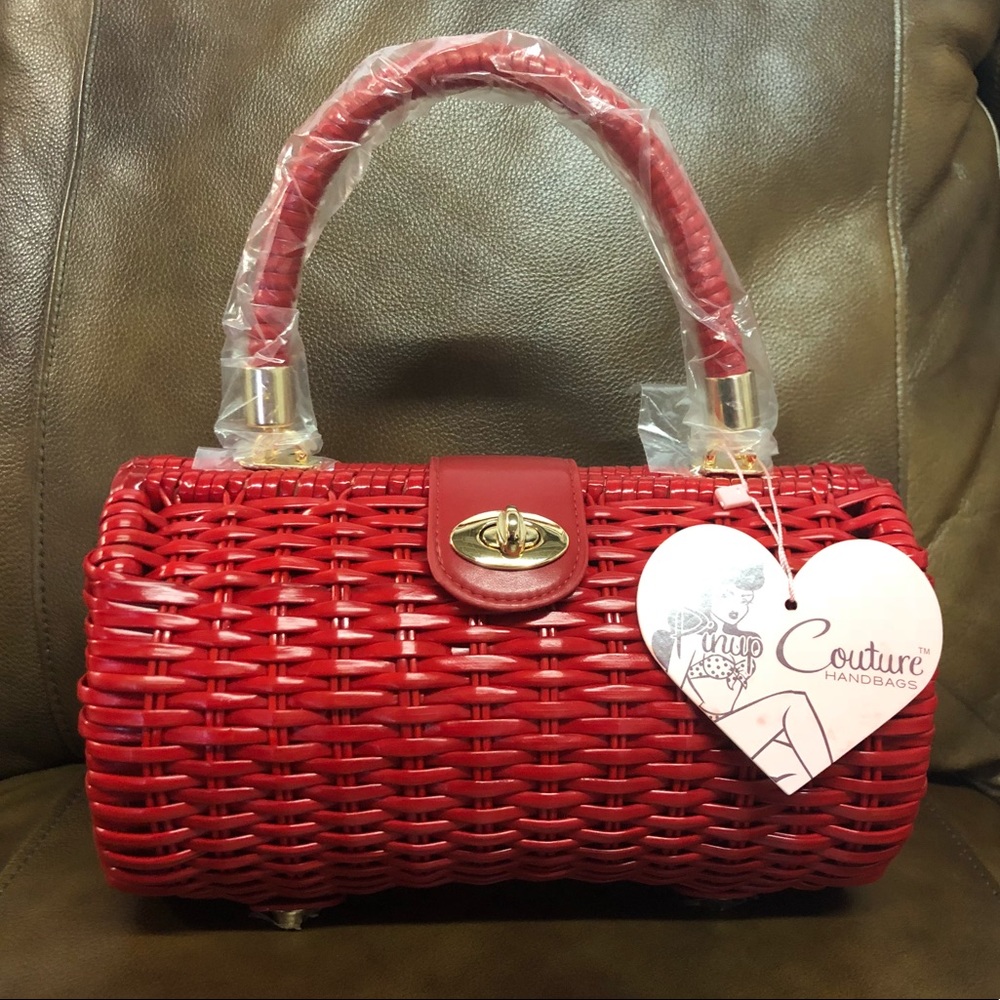 Pin Up Couture Girl Red Vintage Wicker Bag NEW